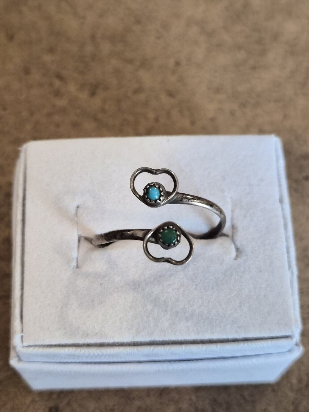 Vintage Sterling Silver Heart Bypass Ring Turquoise Cabochons Adjustable